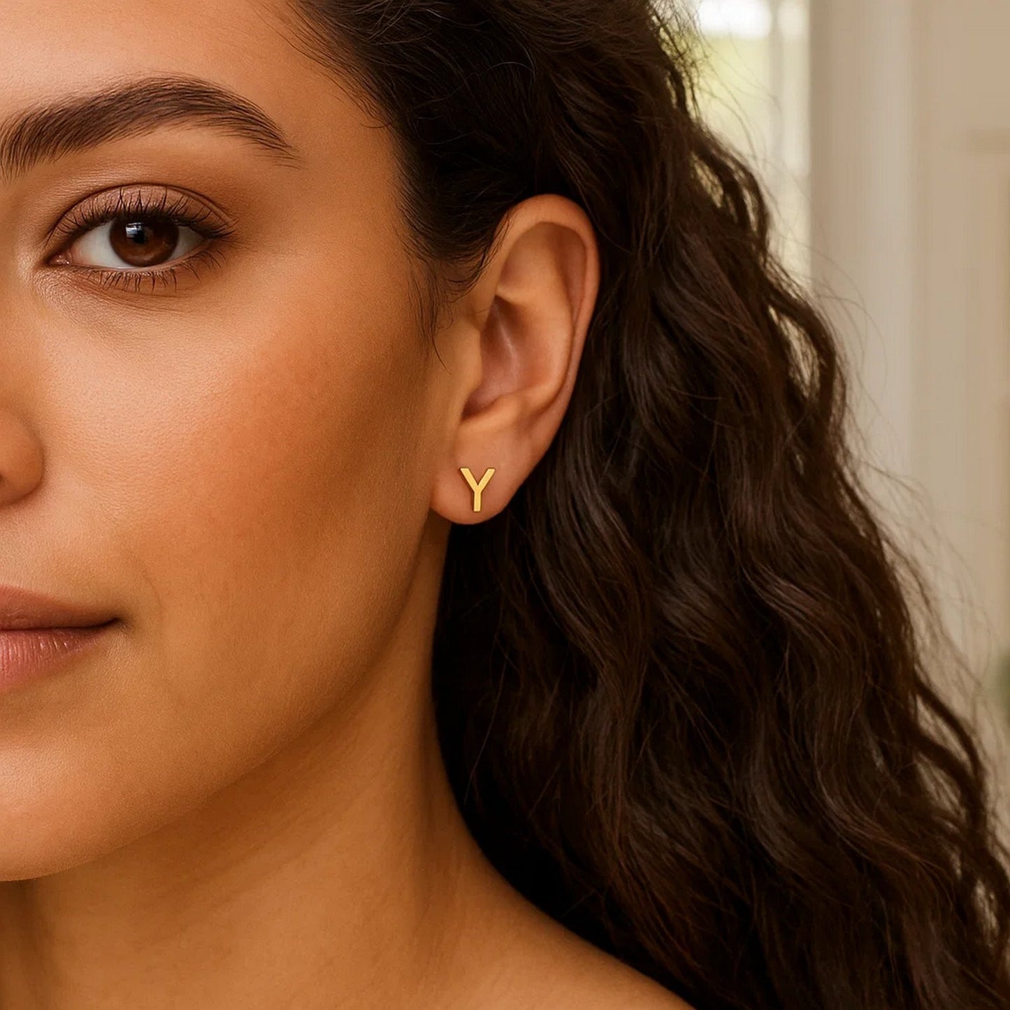 14K Yellow Gold Yours Truly Initial Y Stud Earrings