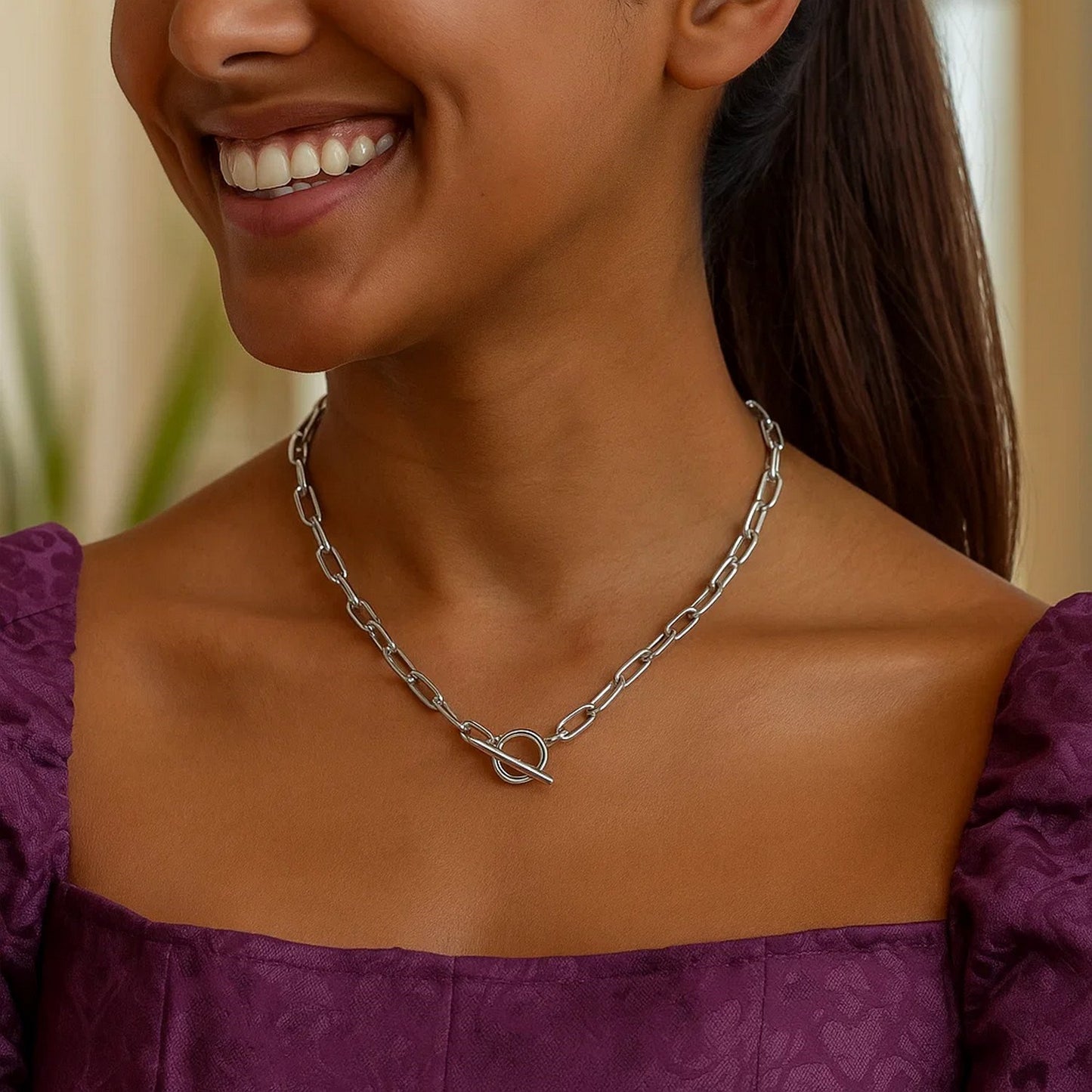 Sterling Silver Rhodium Plated Paperclip Toggle Necklace