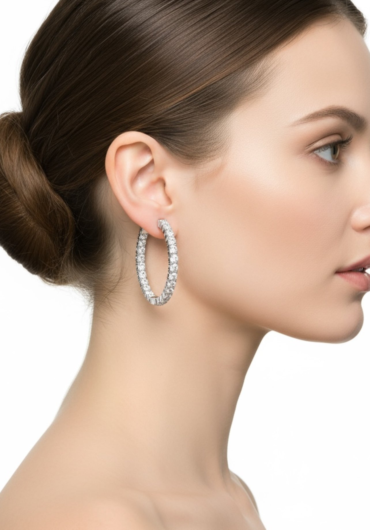 Oval Shape Two Sided Diamond Hoop Earrings in 14k White Gold (2 cttw)