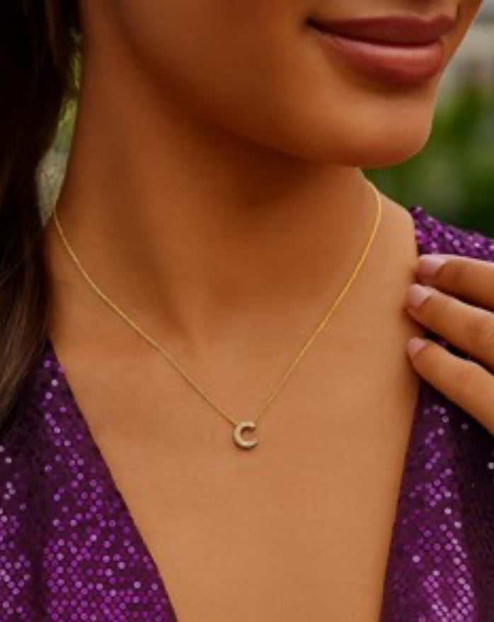 14K Yellow Gold Mini Diamond C Initial Pendant Necklace