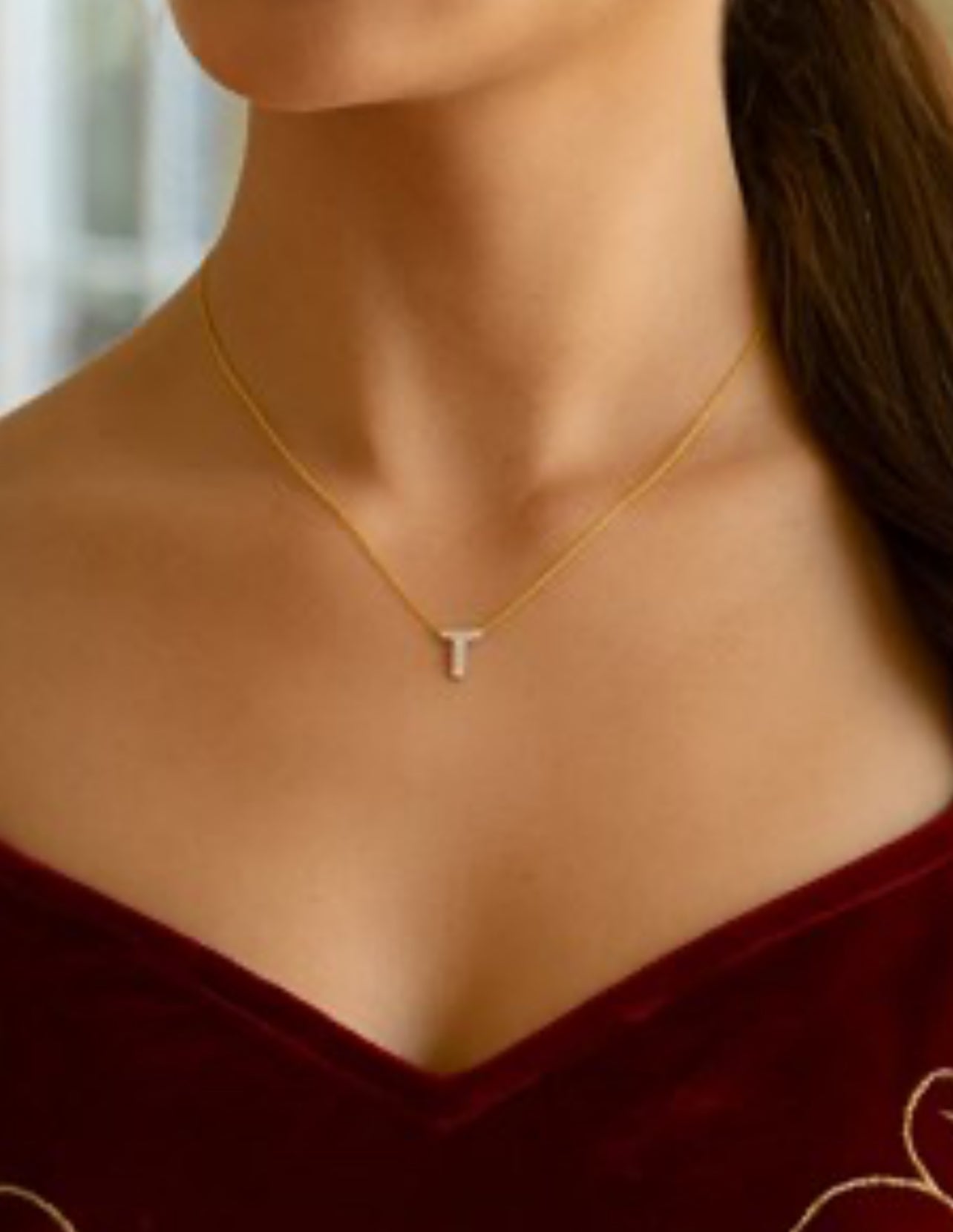 14K Yellow Gold Mini Diamond T Initial Pendant Necklace