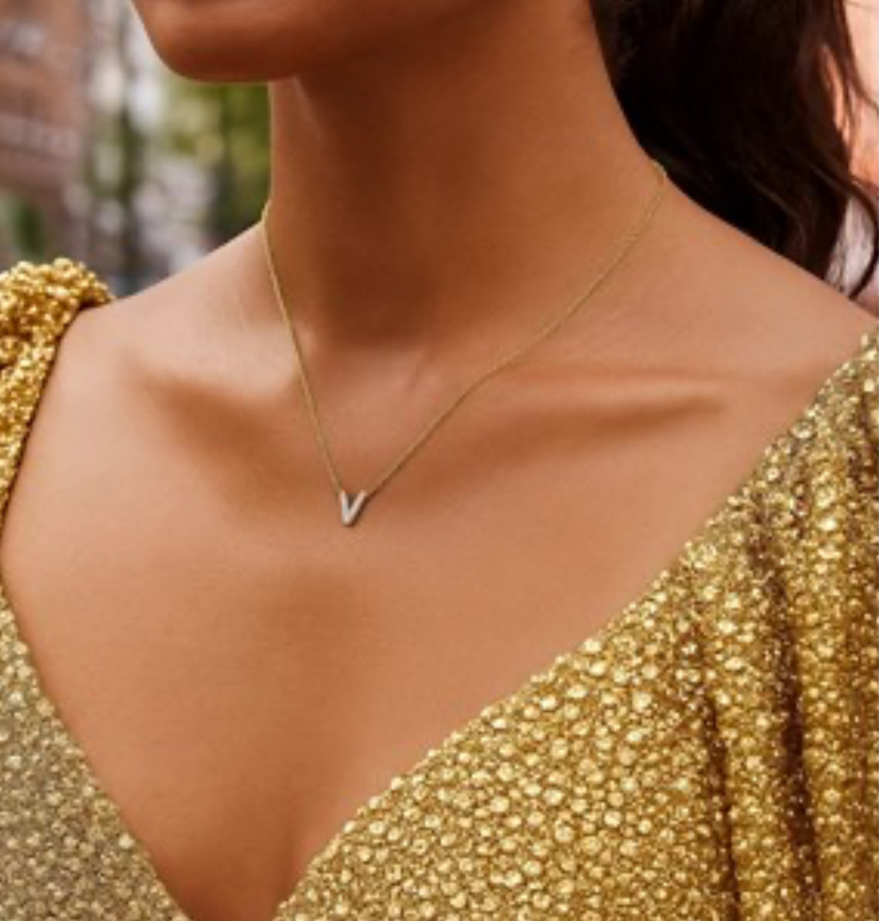 14K Yellow Gold Mini Diamond V Initial Pendant Necklace