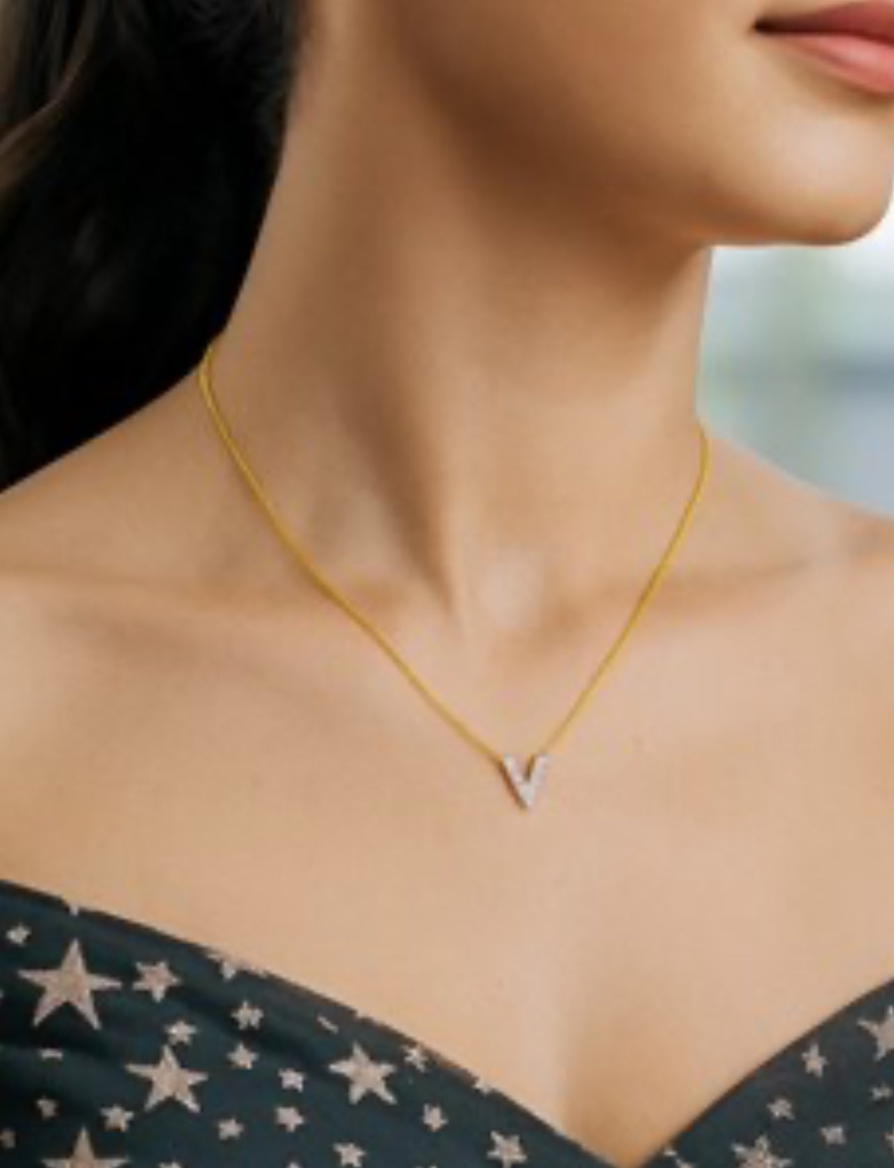 14K Yellow Gold Mini Diamond V Initial Pendant Necklace