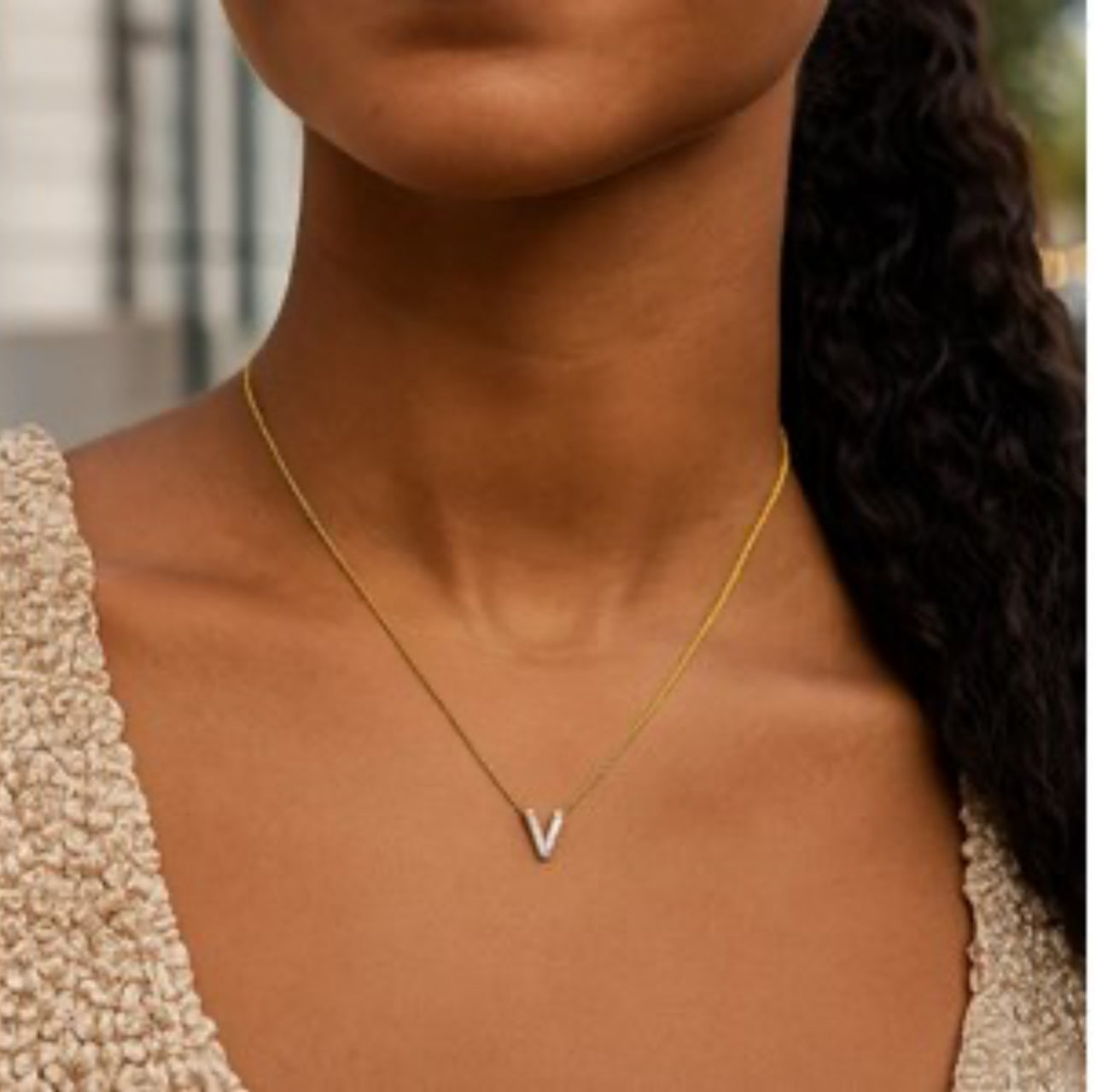 14K Yellow Gold Mini Diamond V Initial Pendant Necklace