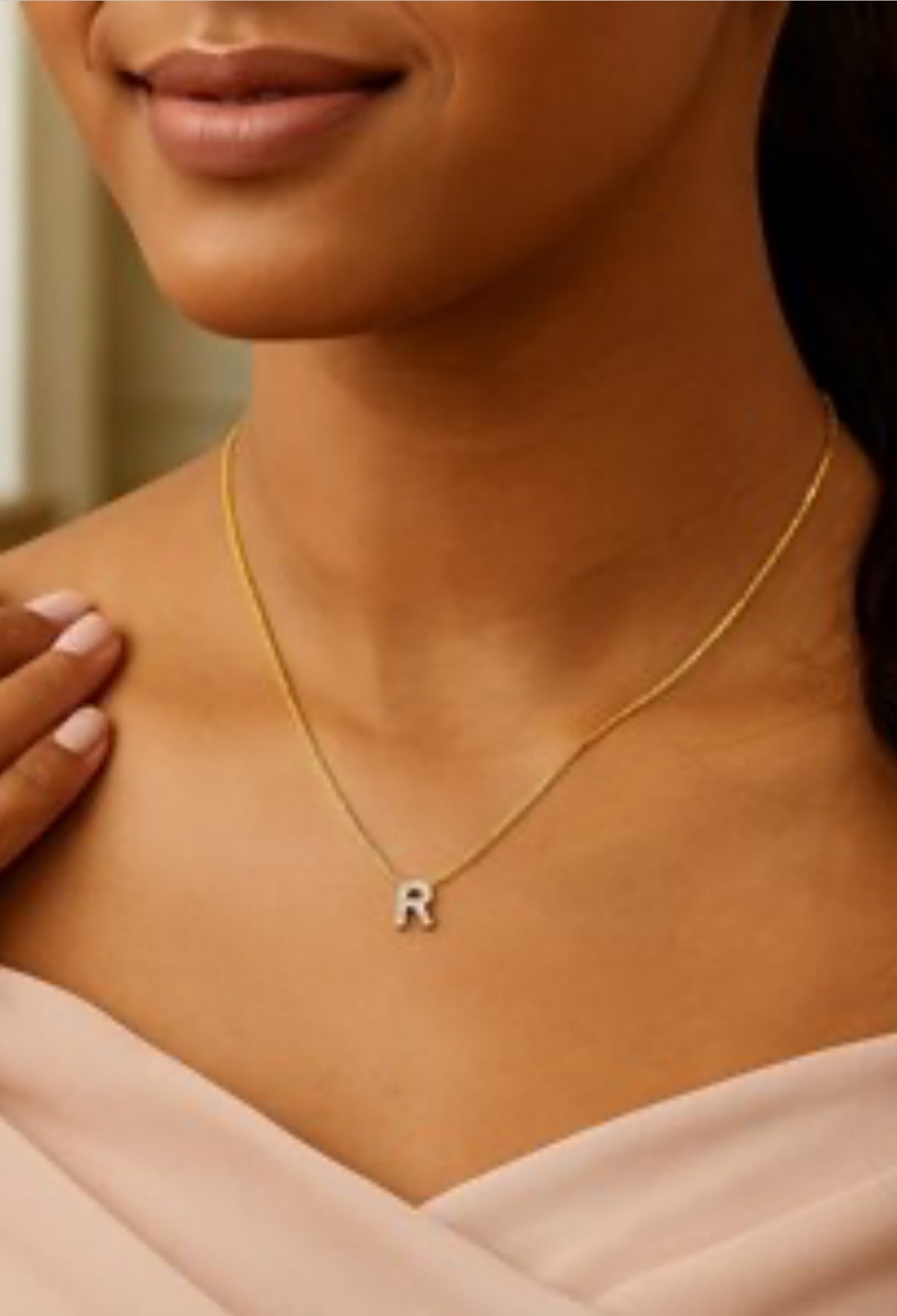 14K Yellow Gold Mini Diamond R Initial Pendant Necklace