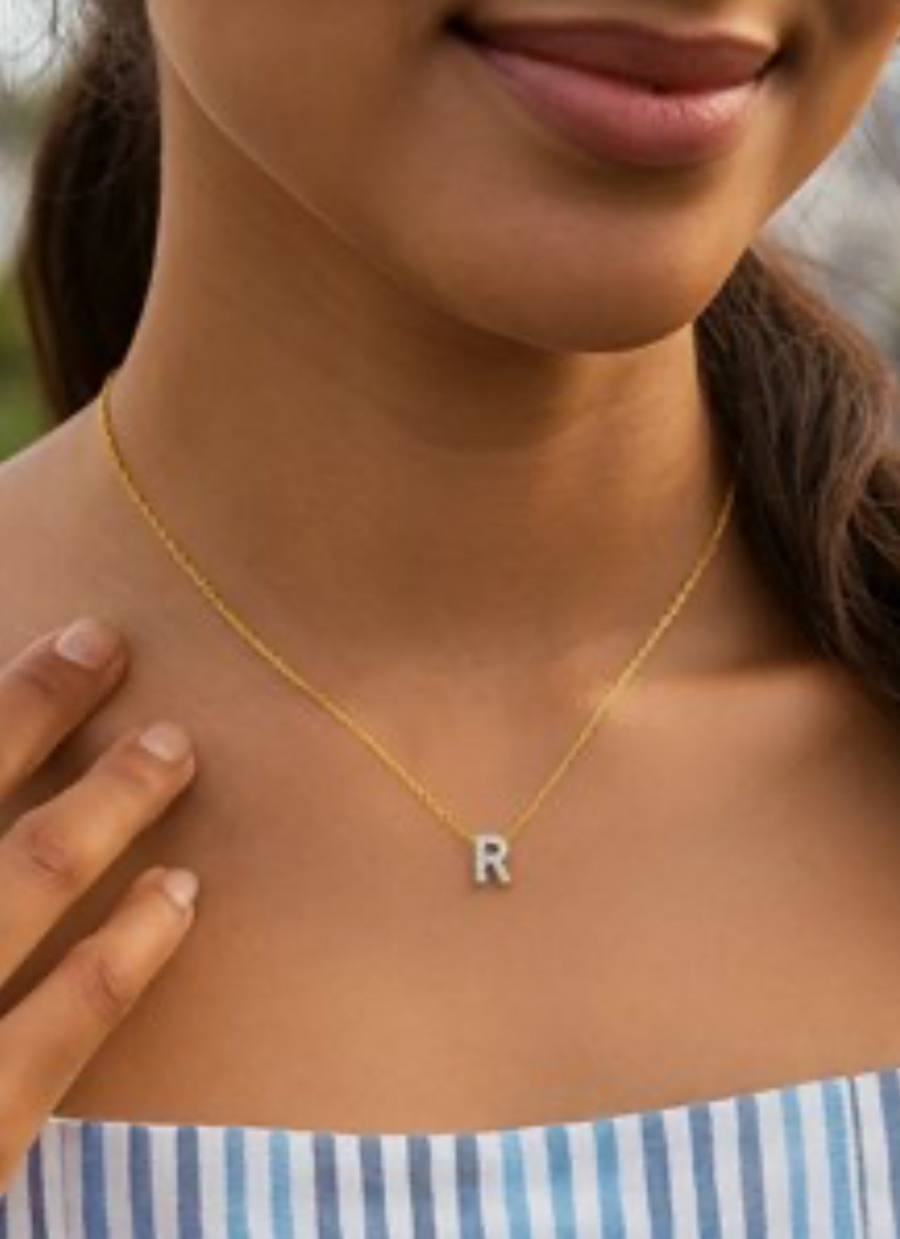 14K Yellow Gold Mini Diamond R Initial Pendant Necklace