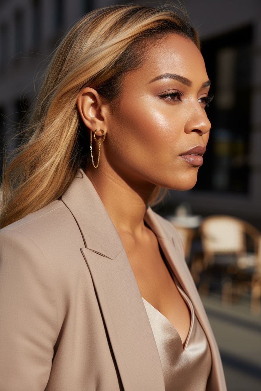 Pendientes de aro estilo huggie de dos agujeros en oro amarillo de 14 k