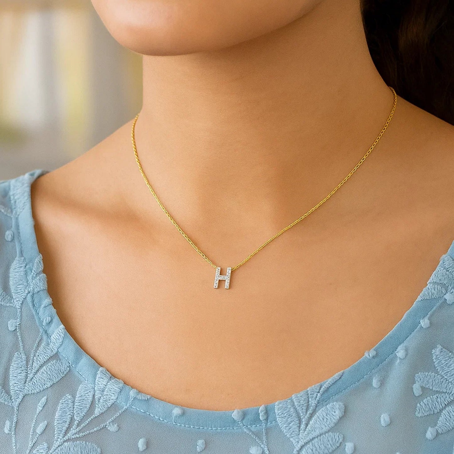 14K Yellow Gold Mini Diamond H Initial Pendant Necklace