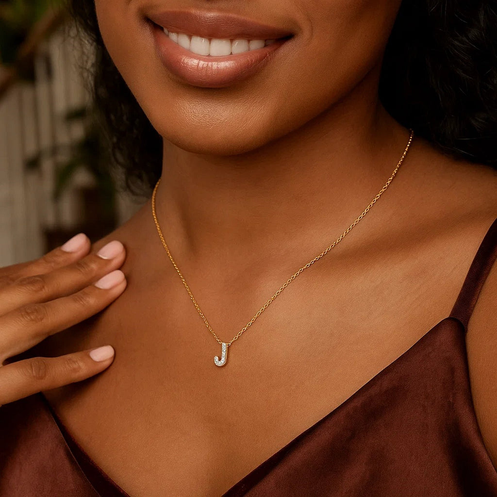14K Yellow Gold Mini Diamond J Initial Pendant Necklace