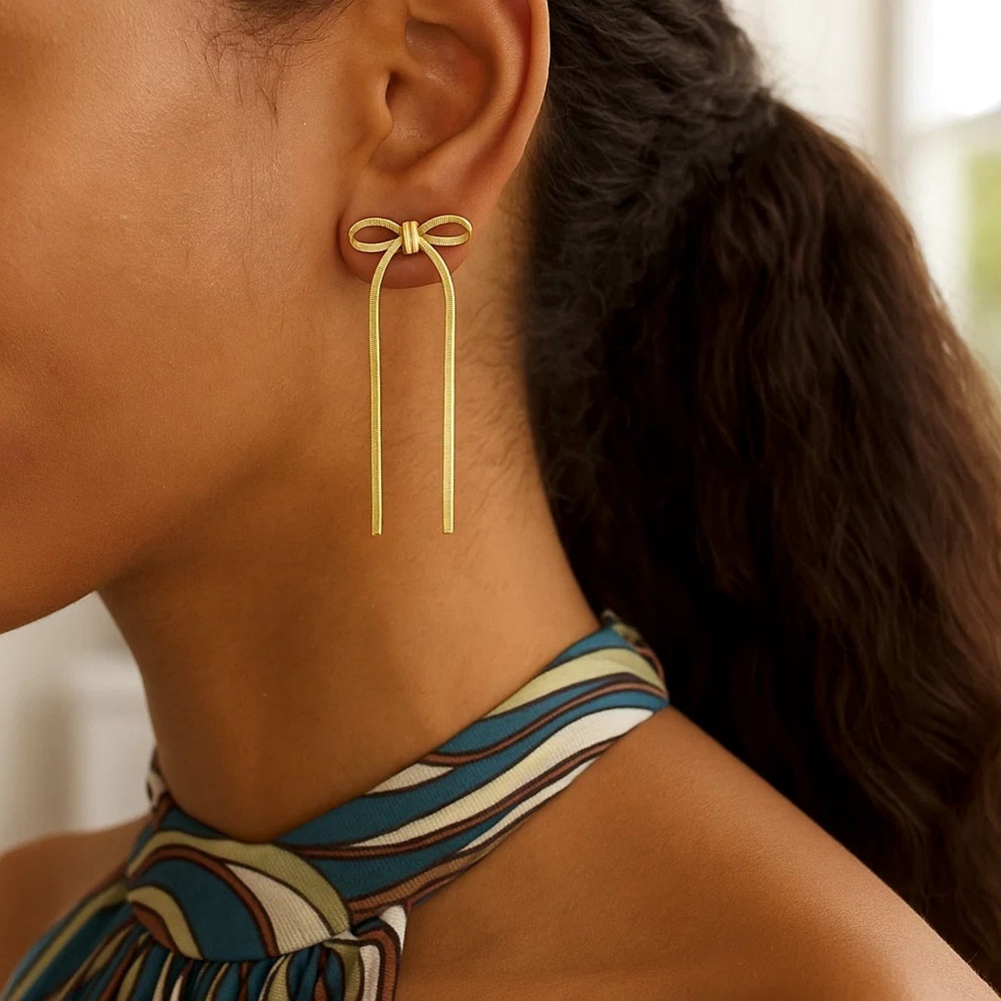 Sterling Silver Yellow Gold Plated Snake Chain Drop Dangle Bow Earrings