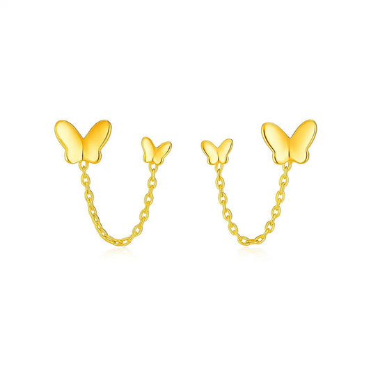 14k Yellow Gold Two Hole Post Earrings with Butterflies