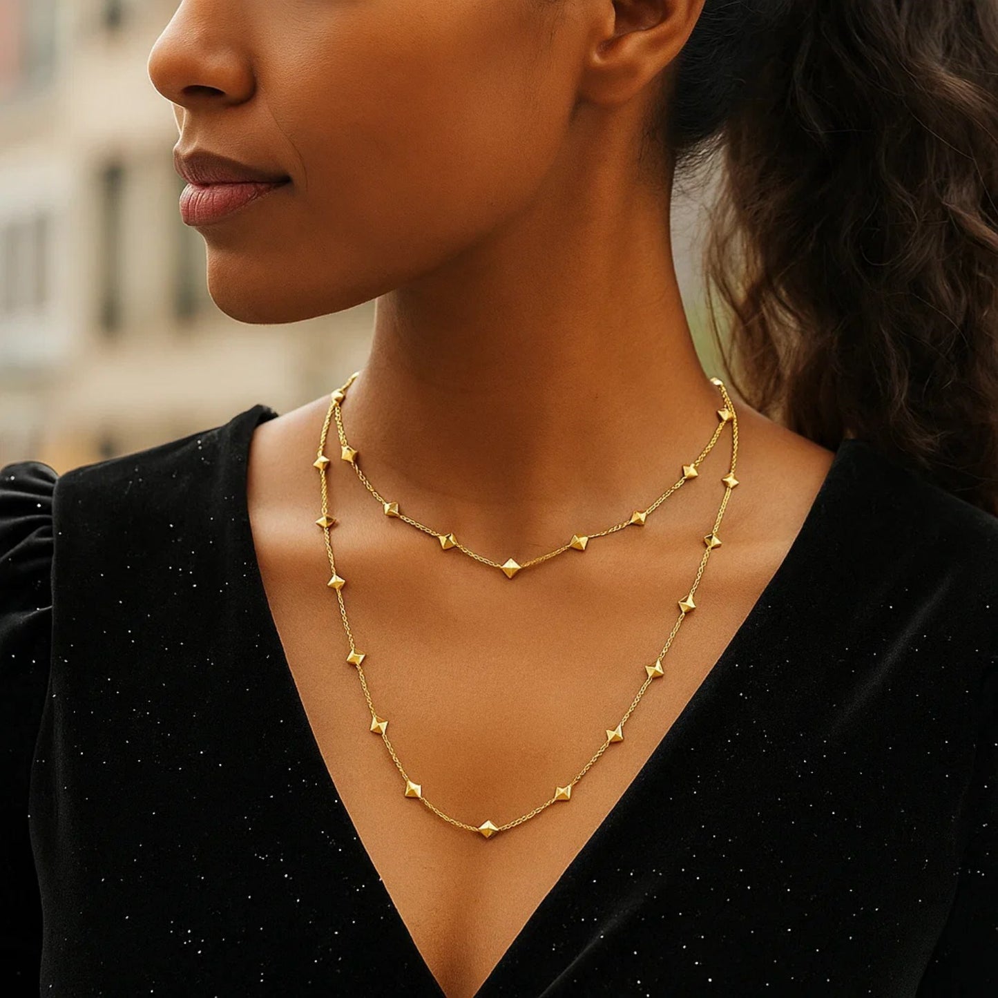 14K Yellow Gold Pyramid Station Layered Necklace