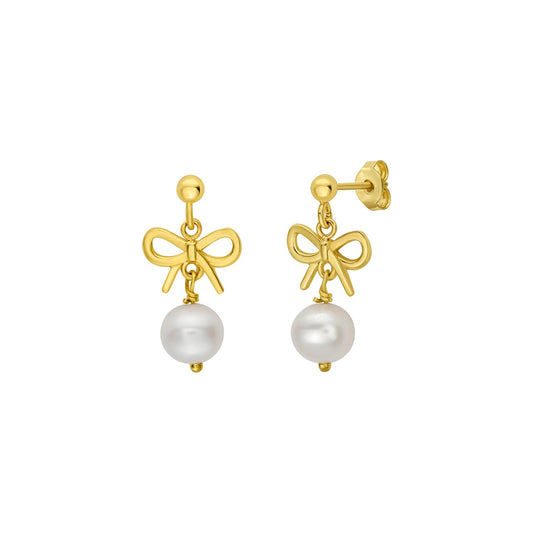14K Yellow Gold Bow and Freshwater Pearl Drop Earrings