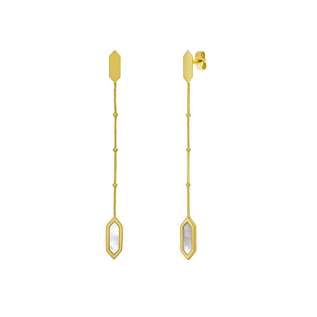 14K Yellow Gold Hexagon Mother of Pearl Drop Earrings