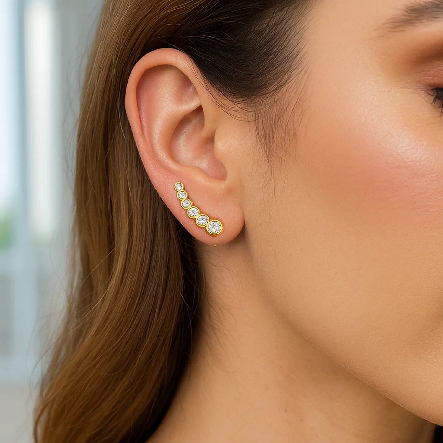 14k Yellow Gold Graduated Circles Climber Post Earrings with Cubic Zirconias