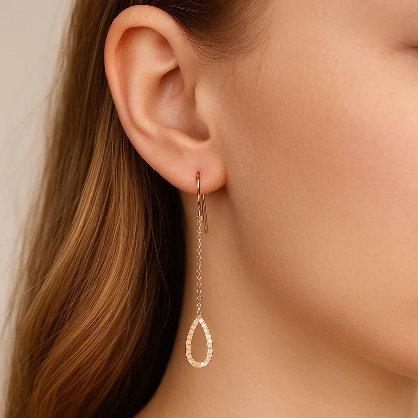 Textured Pear Shaped Long Drop Earrings in 14k Rose Gold