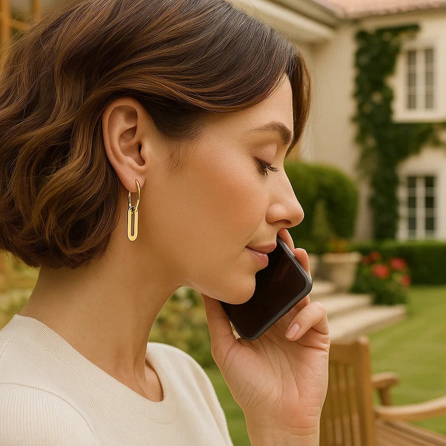 14k Yellow Gold Huggie Style Hoop Earrings with Paperclip Link Drops