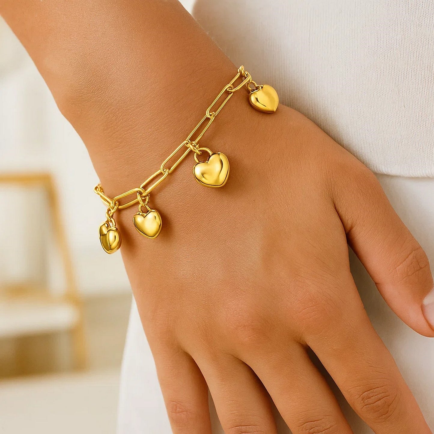 14K Yellow Gold Puffed Heart Charm Bracelet