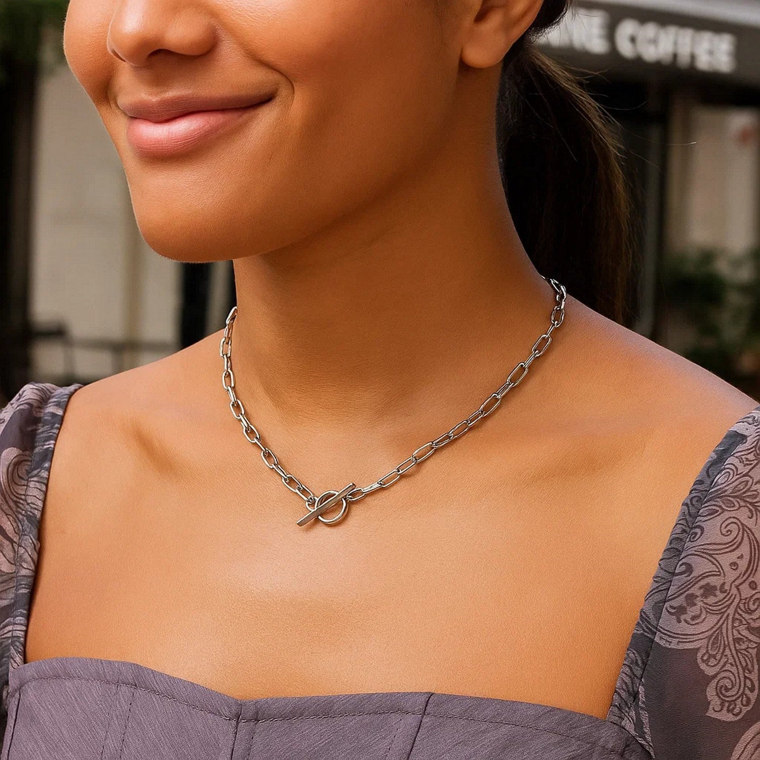 Sterling Silver Rhodium Plated Paperclip Toggle Necklace