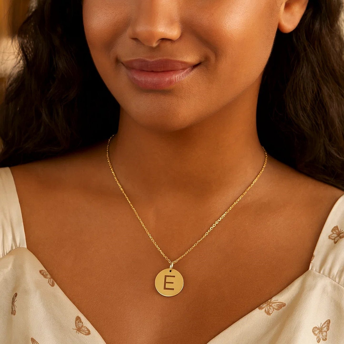 14K Yellow Gold Disc Initial E Pendant