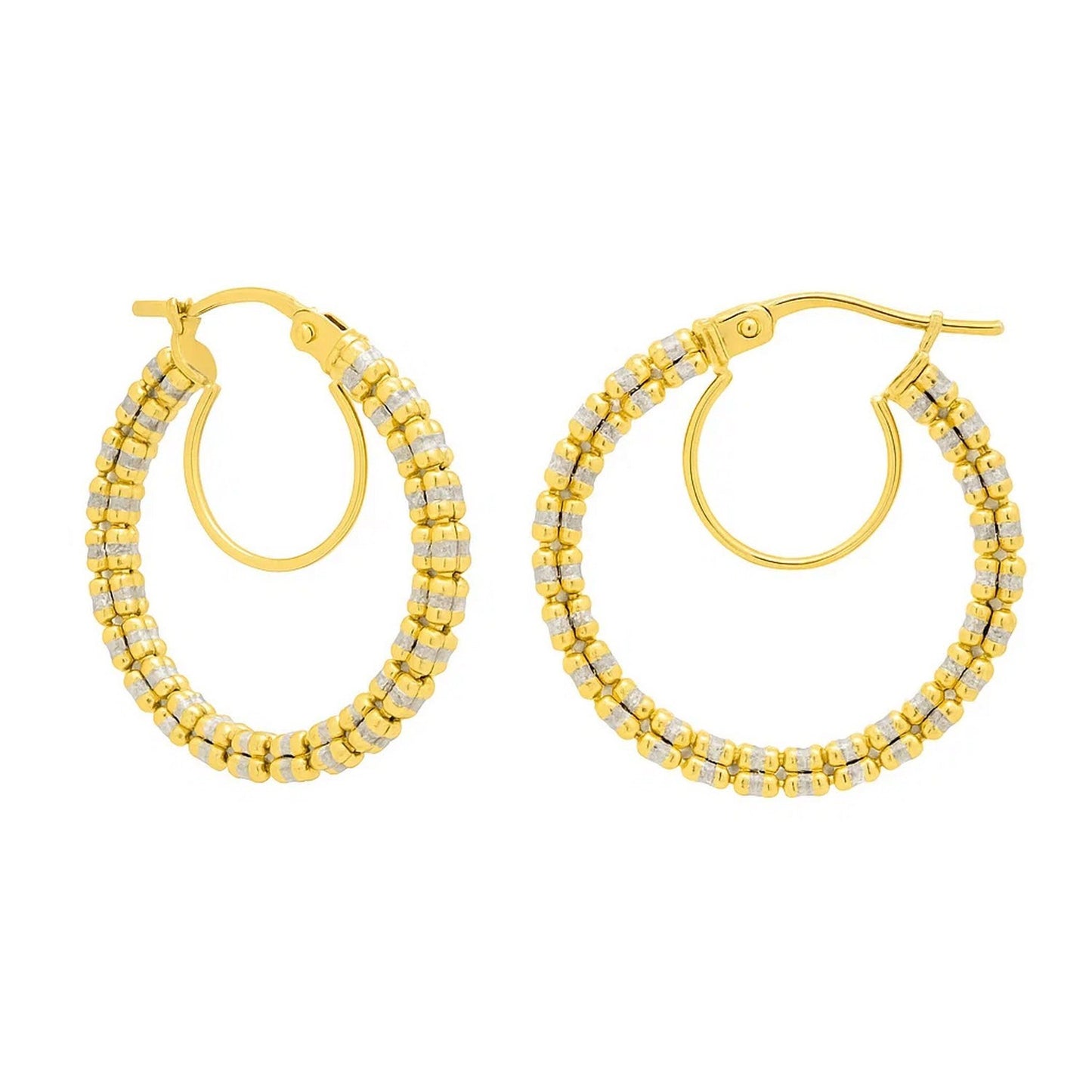 14K Two Tone Gold Iced Round Hoop Earrings