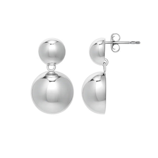 Sterling Silver Rhodium Plated Puffed Round Double Button Drop Earrings