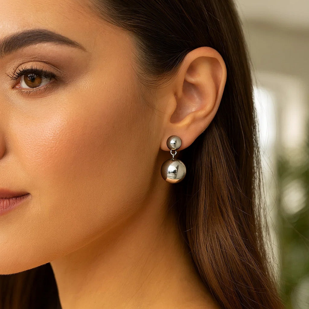 Sterling Silver Rhodium Plated Puffed Round Double Button Drop Earrings