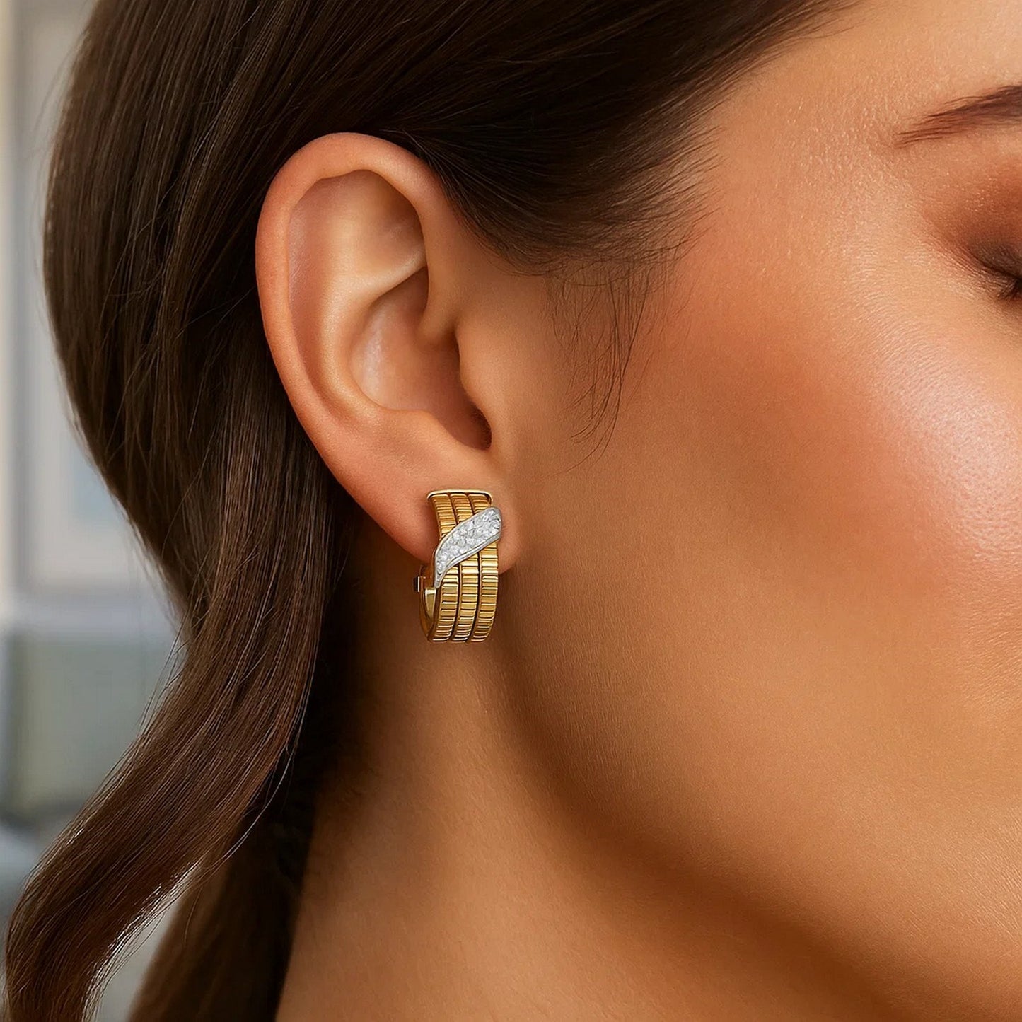 14K Yellow Gold Triple Row Diamond Omega Hoop Earrings