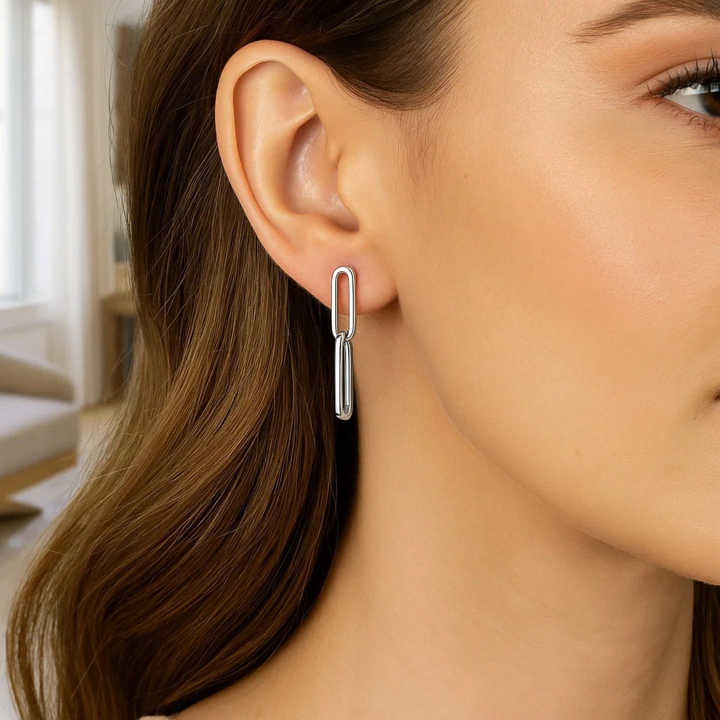 14K White Gold Double Link Paperclip Drop Earrings