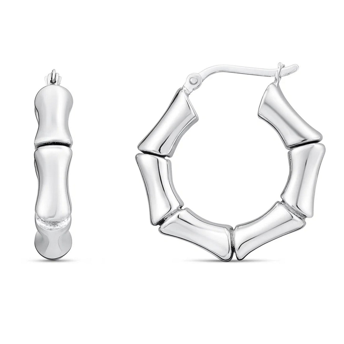 Sterling Silver Rhodium Plated Bold Bamboo Hoop Earrings