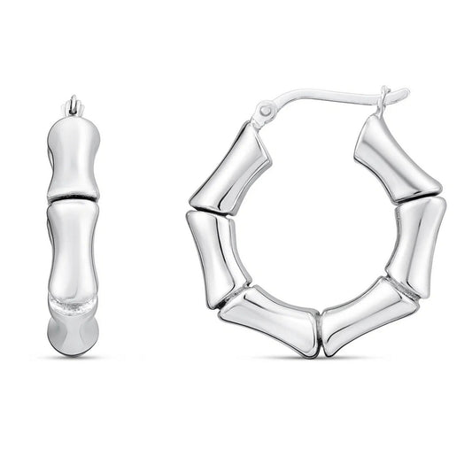 Sterling Silver Rhodium Plated Bold Bamboo Hoop Earrings