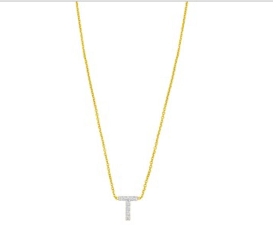 14K Yellow Gold Mini Diamond T Initial Pendant Necklace