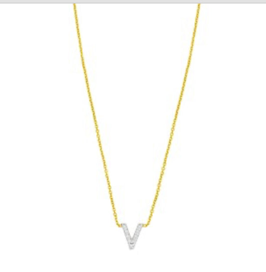 14K Yellow Gold Mini Diamond V Initial Pendant Necklace