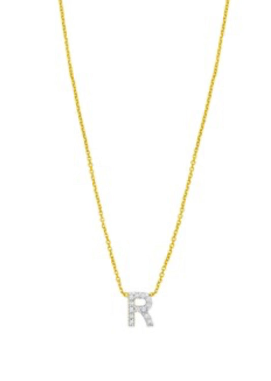 14K Yellow Gold Mini Diamond R Initial Pendant Necklace