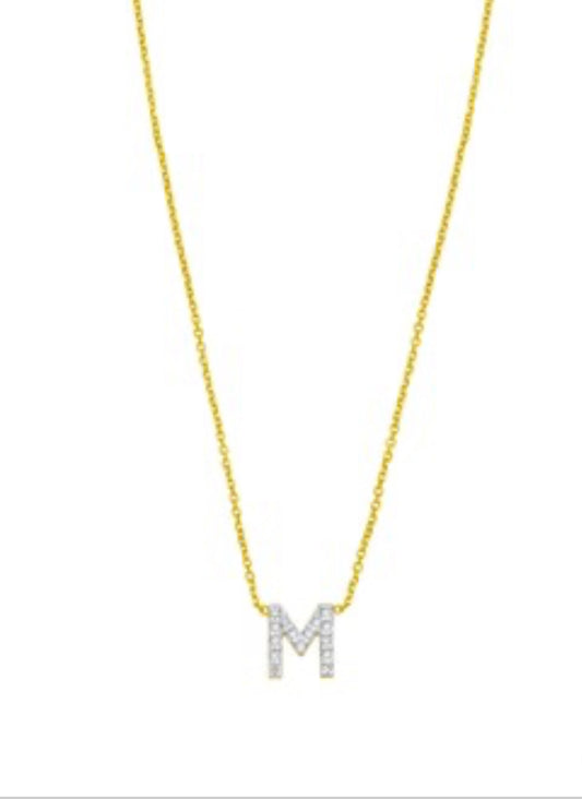 14K Yellow Gold Mini Diamond M Initial Pendant Necklace